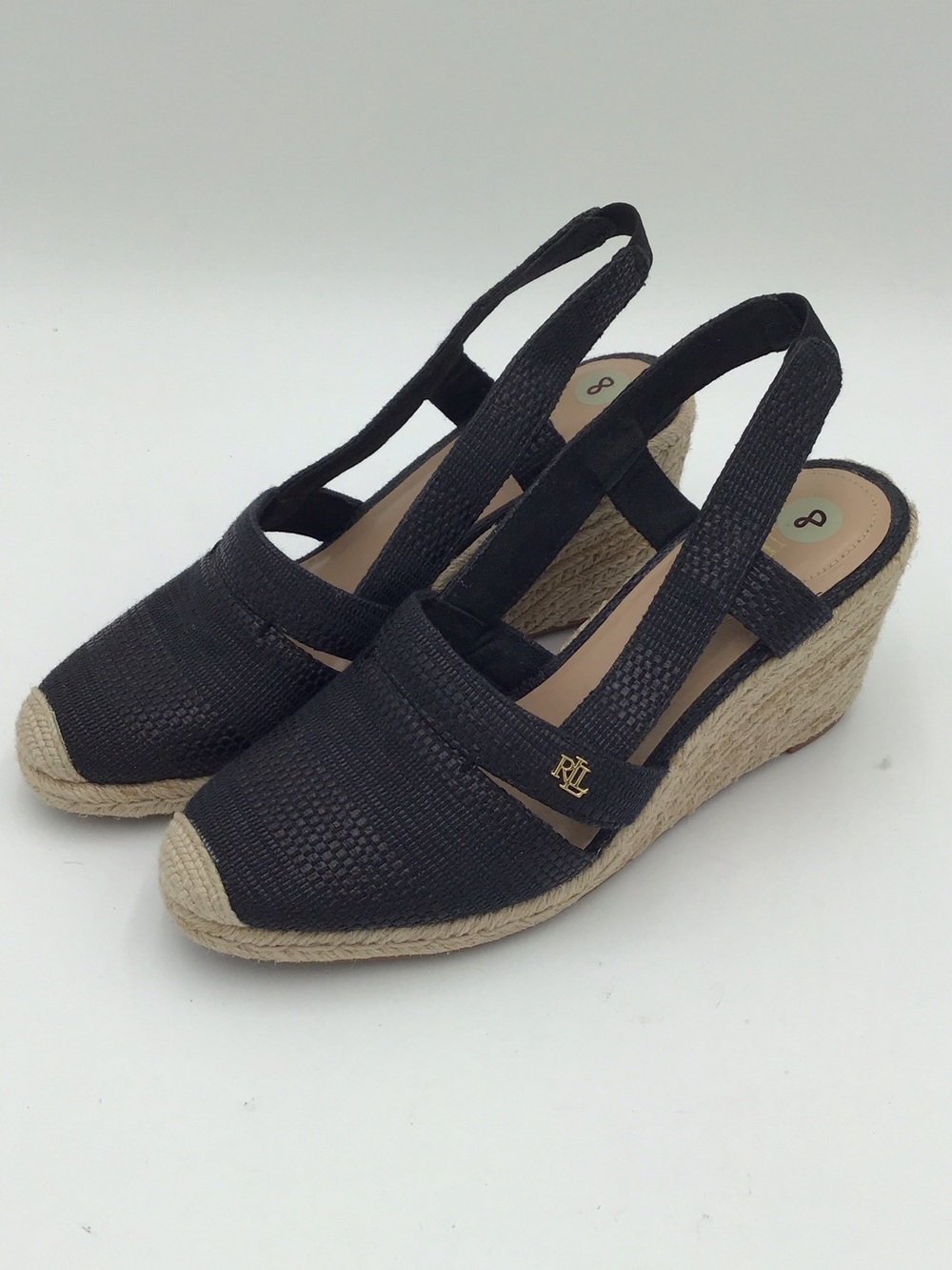 Lauren Ralph Lauren Penelopie Black Espadrille Wedge Slingback Gold RLL Accent 8